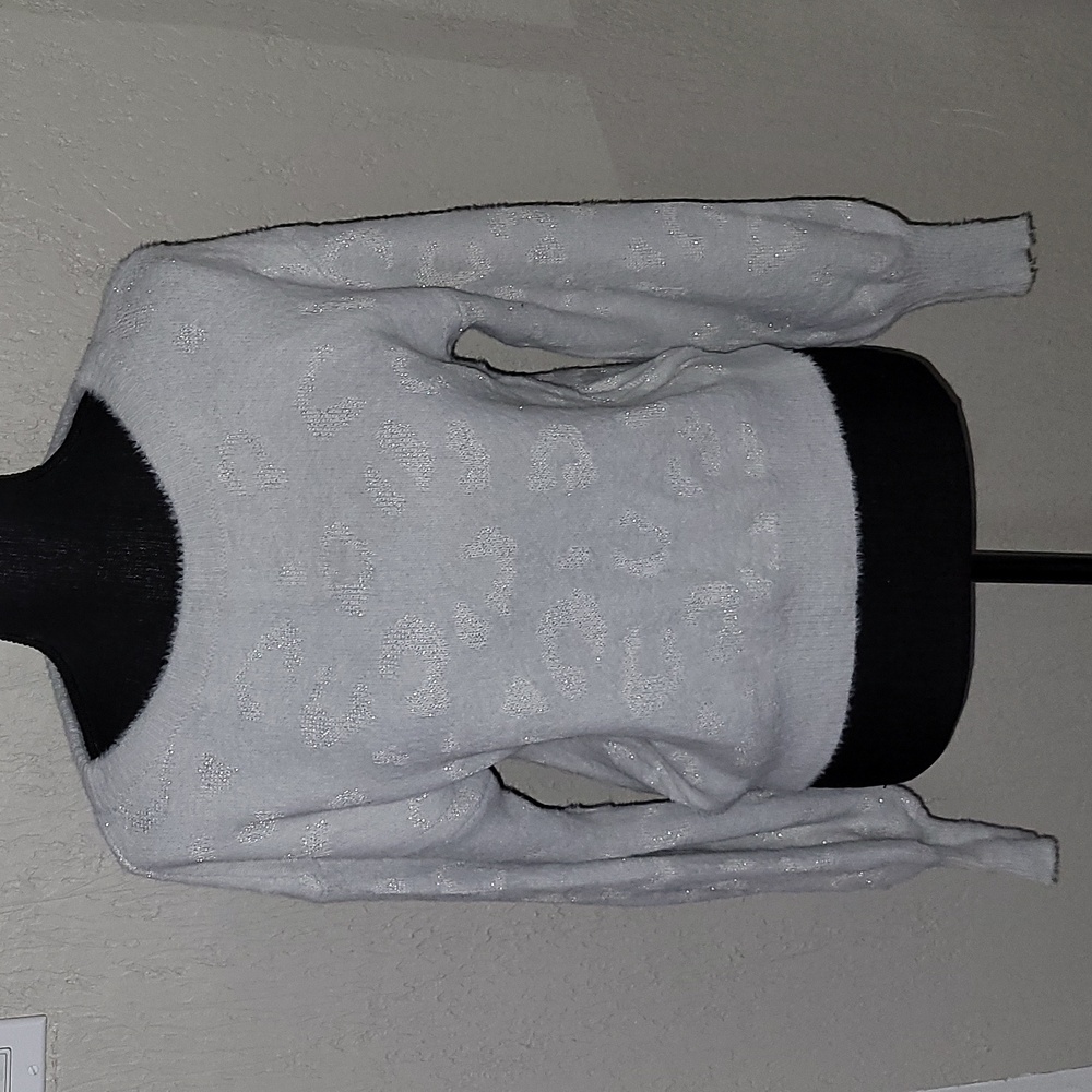 Express Light Gray Fuzzy Sweater with Subtle Metallic Animal Print